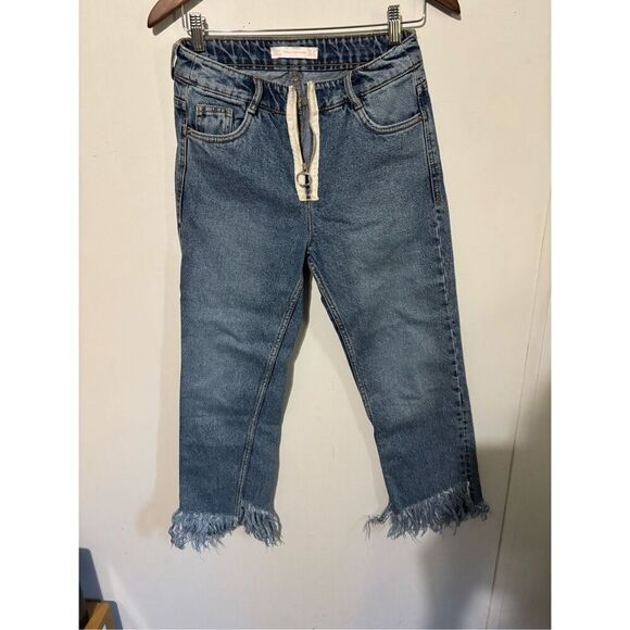 Zara Trafulac Zipper Front Fringed Hem Denim Jeans Women's Size 2 - Picture 1 of 8